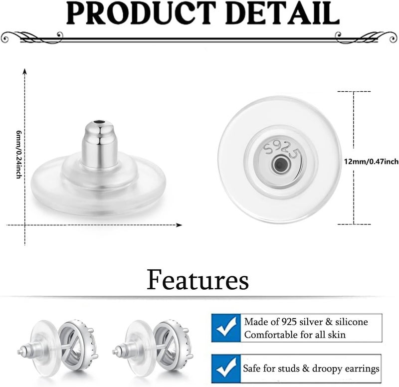 Moconar 12mm Big Sterling Silver Locking Earring Backs for Studs - Hypoallergenic, Secure Replacements for Heavy Ears - No-Irritate, Adult-Sized - Image 4